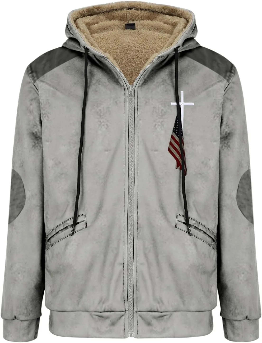 Men's Puffer Jacket Lightweight Warm Hooded Brown Zipper Personalized Patch Casual Fleece Lined Jackets for Men
