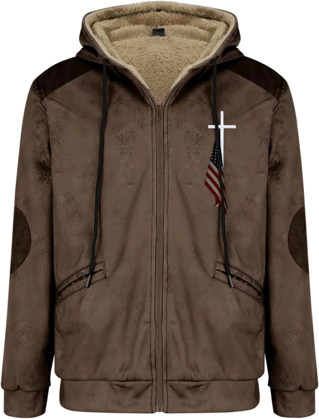 Men's Puffer Jacket Lightweight Warm Hooded Brown Zipper Personalized Patch Casual Fleece Lined Jackets for Men