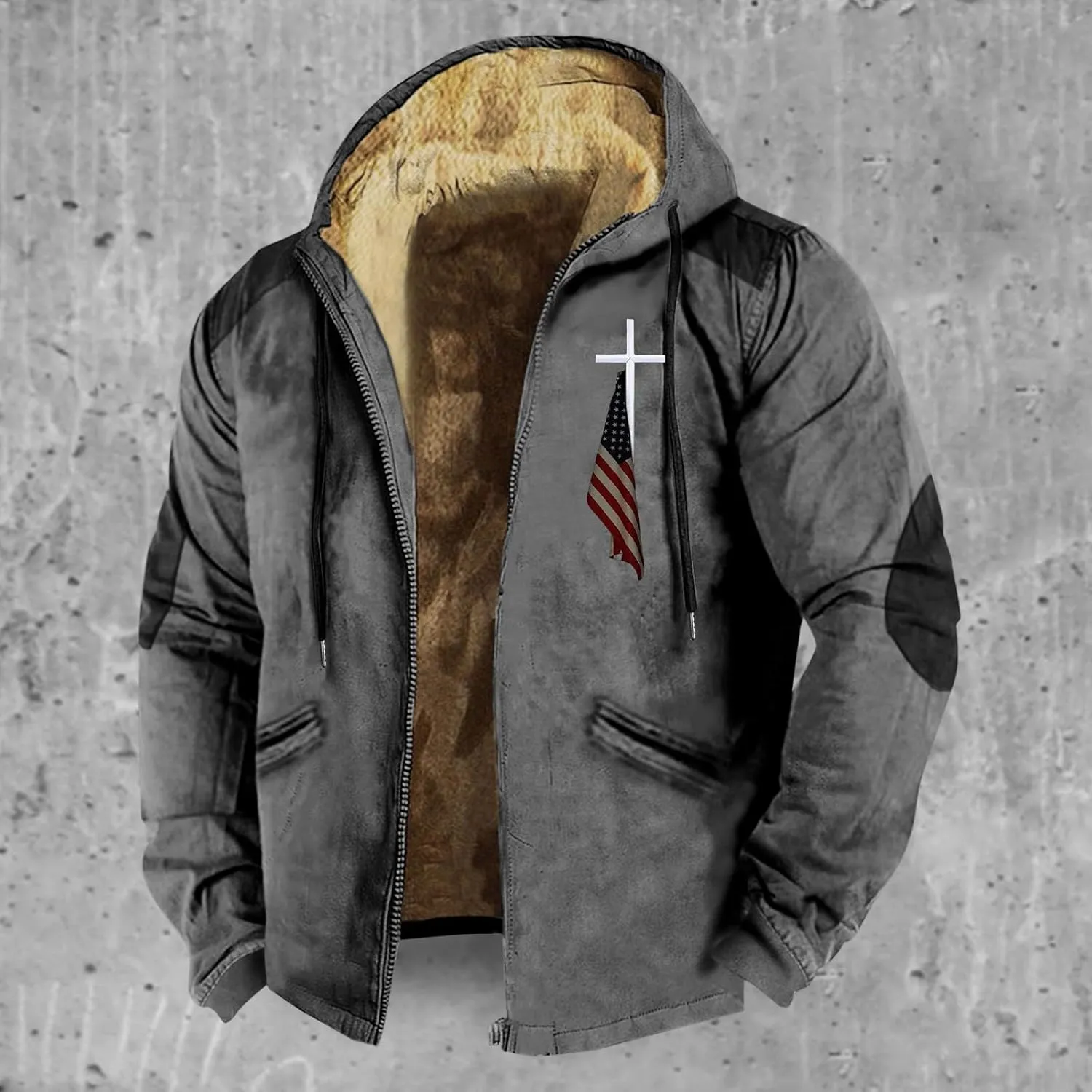Men's Puffer Jacket Lightweight Warm Hooded Brown Zipper Personalized Patch Casual Fleece Lined Jackets for Men