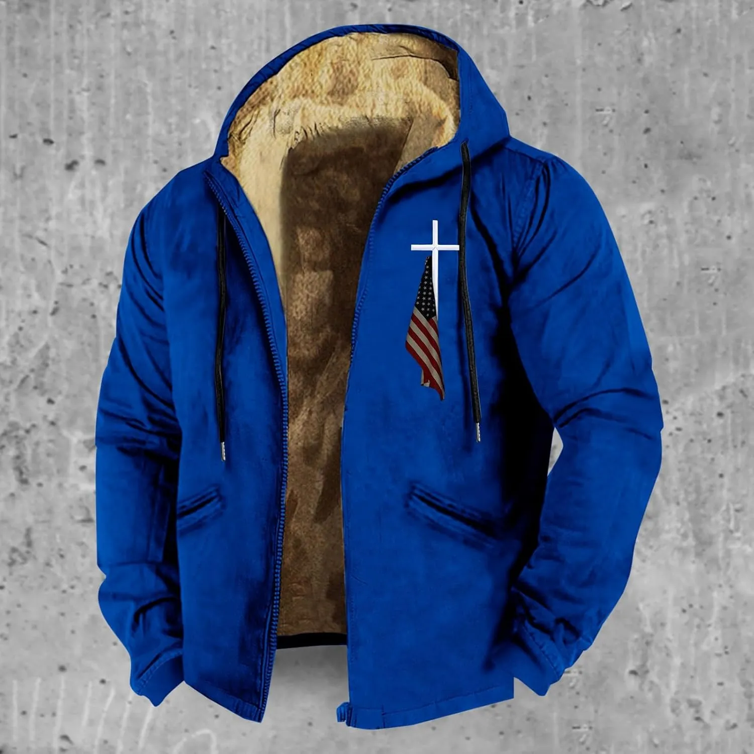 Men's Puffer Jacket Lightweight Warm Hooded Brown Zipper Personalized Patch Casual Fleece Lined Jackets for Men