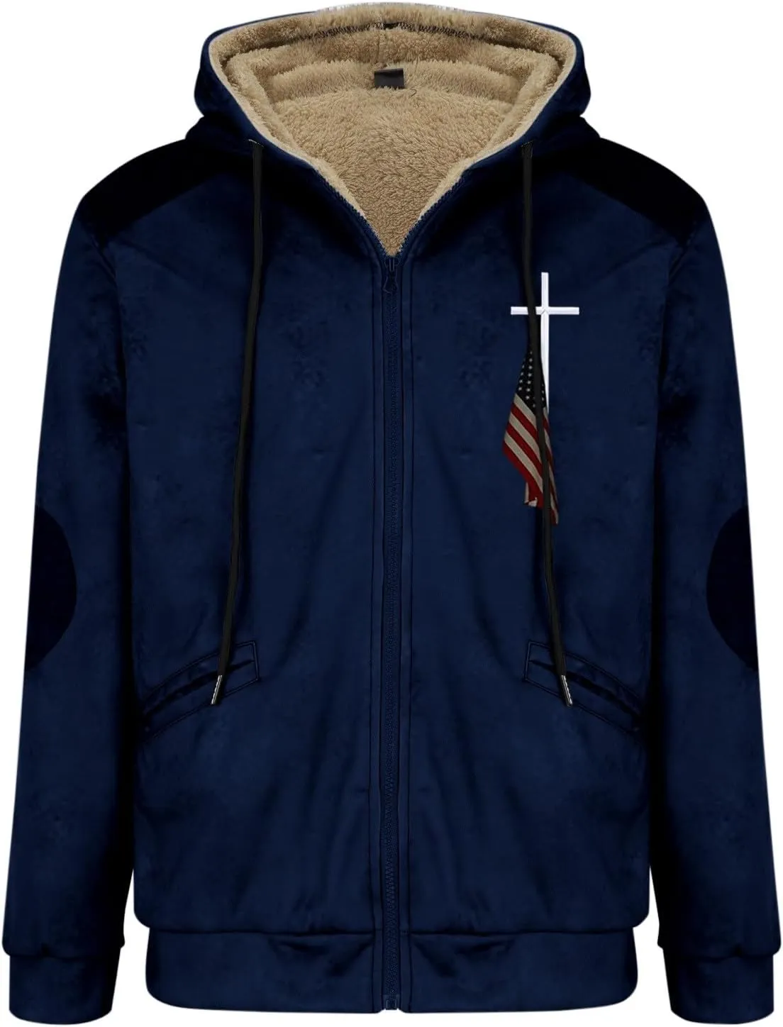 Men's Puffer Jacket Lightweight Warm Hooded Brown Zipper Personalized Patch Casual Fleece Lined Jackets for Men
