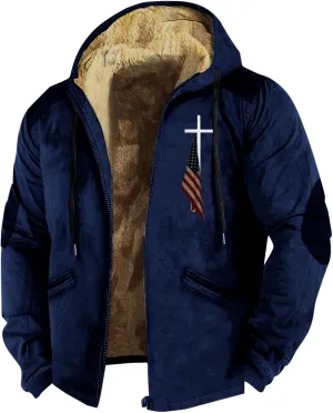 Men's Puffer Jacket Lightweight Warm Hooded Brown Zipper Personalized Patch Casual Fleece Lined Jackets for Men