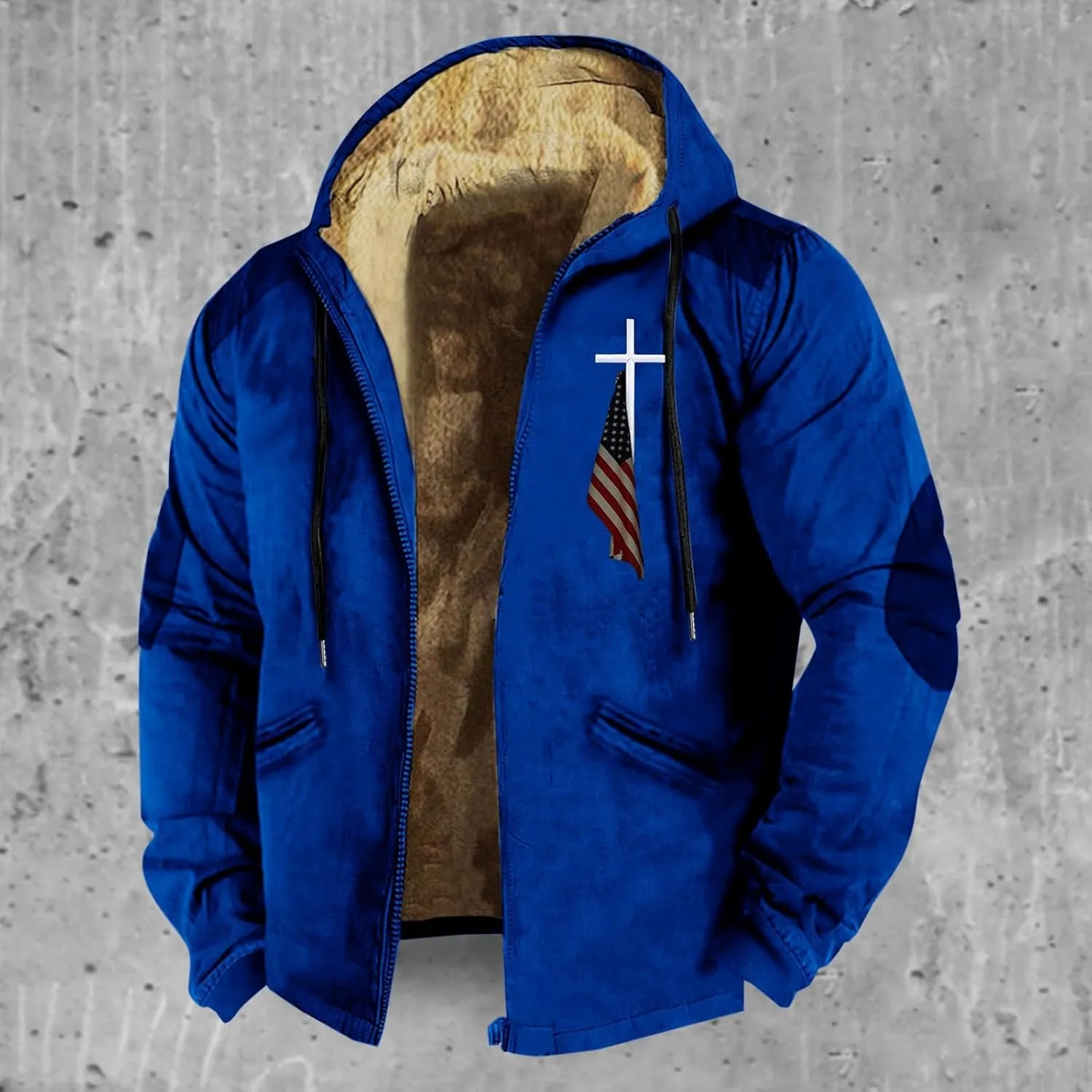 Men's Puffer Jacket Lightweight Warm Hooded Brown Zipper Personalized Patch Casual Fleece Lined Jackets for Men