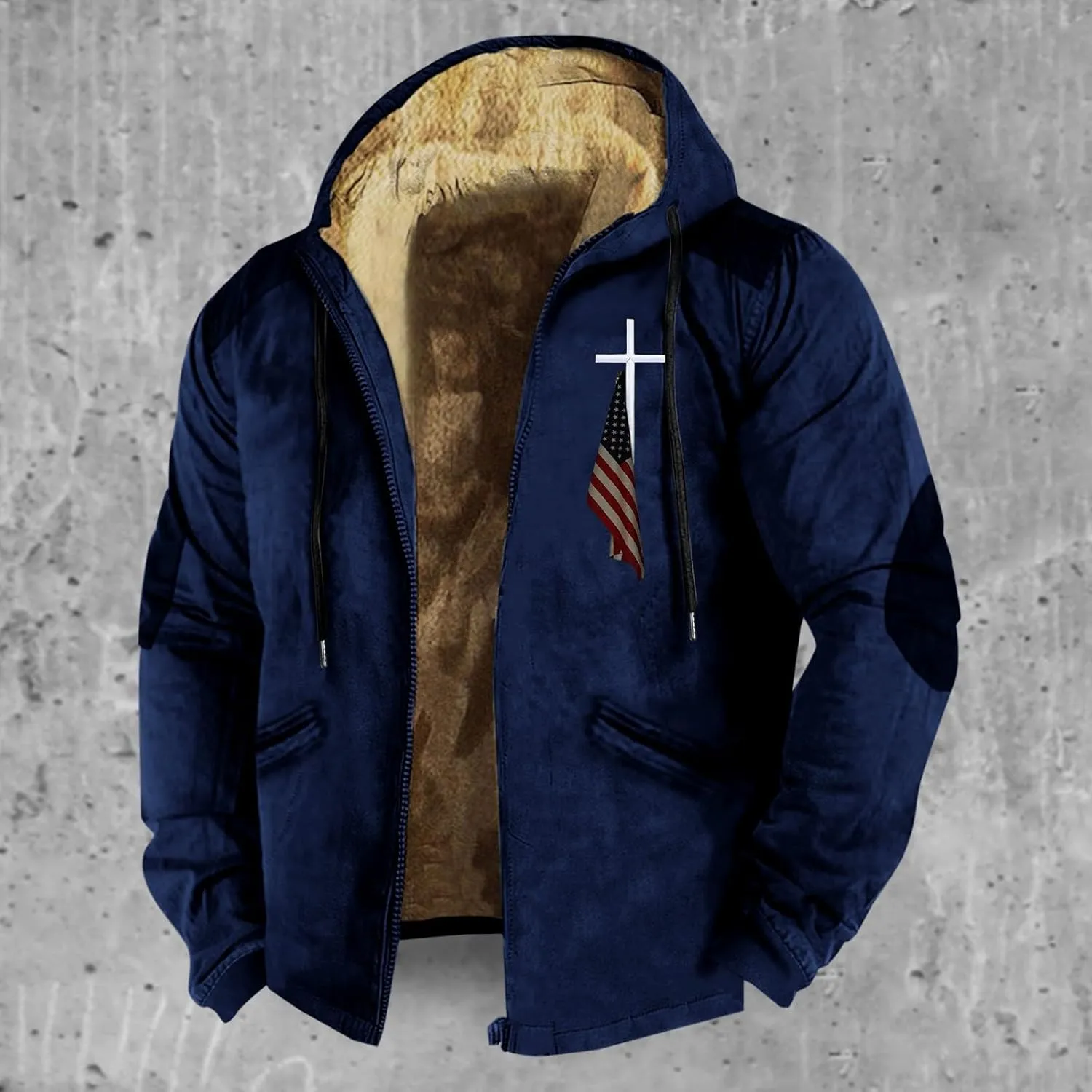 Men's Puffer Jacket Lightweight Warm Hooded Brown Zipper Personalized Patch Casual Fleece Lined Jackets for Men