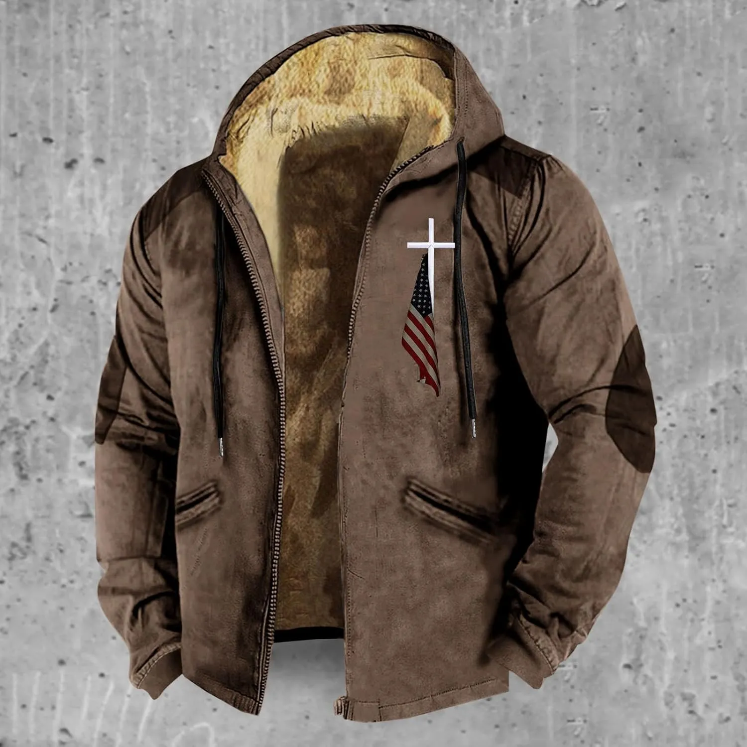 Men's Puffer Jacket Lightweight Warm Hooded Brown Zipper Personalized Patch Casual Fleece Lined Jackets for Men