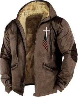 Men's Puffer Jacket Lightweight Warm Hooded Brown Zipper Personalized Patch Casual Fleece Lined Jackets for Men