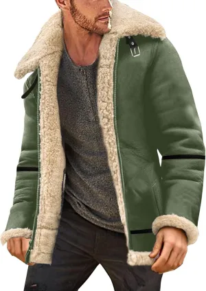Men's Shearling Sheepskin Jacket Sherpa Fleece Lined Fur Collar Zip Up Bomber Jacket Casual Soft Comfy Thermal Coats