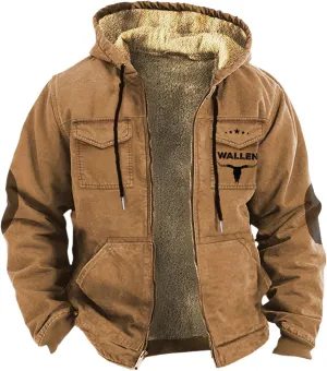 Men's Winter Coat Sherpa Fleece Lined Jacket Western 3D Printed Full Zip Thick Heavyweight Hoodie Winter Sweatshirts Coat