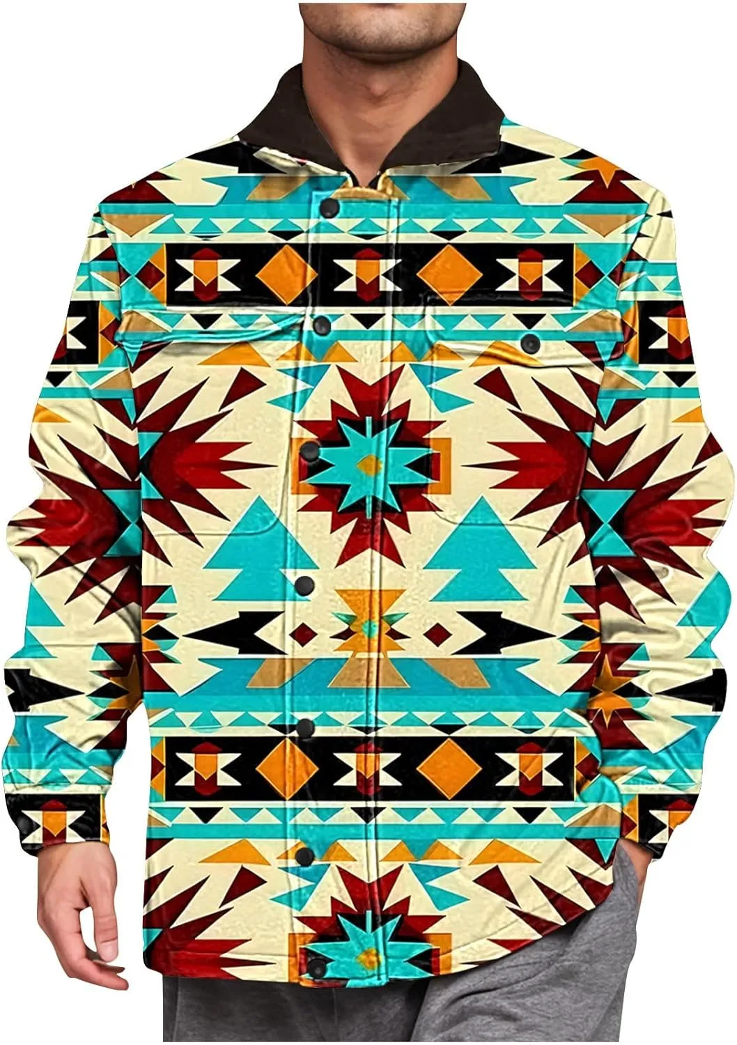 Men's Winter Coats Warm Fleece Lined Jacket Sherpa Turn-Down Collar Jacket Western Patterned Outdoor Thick Coats