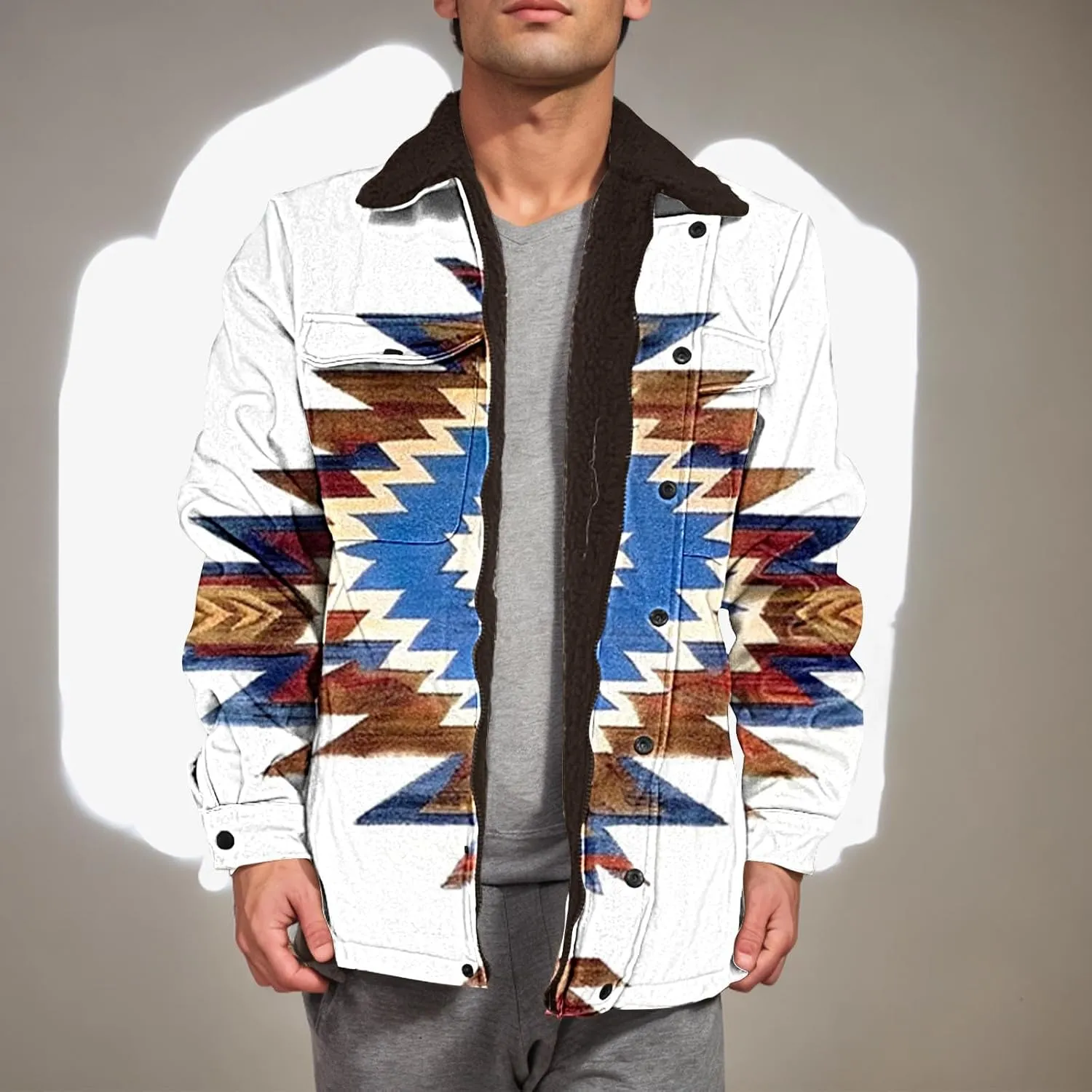 Men's Winter Coats Warm Fleece Lined Jacket Sherpa Turn-Down Collar Jacket Western Patterned Outdoor Thick Coats