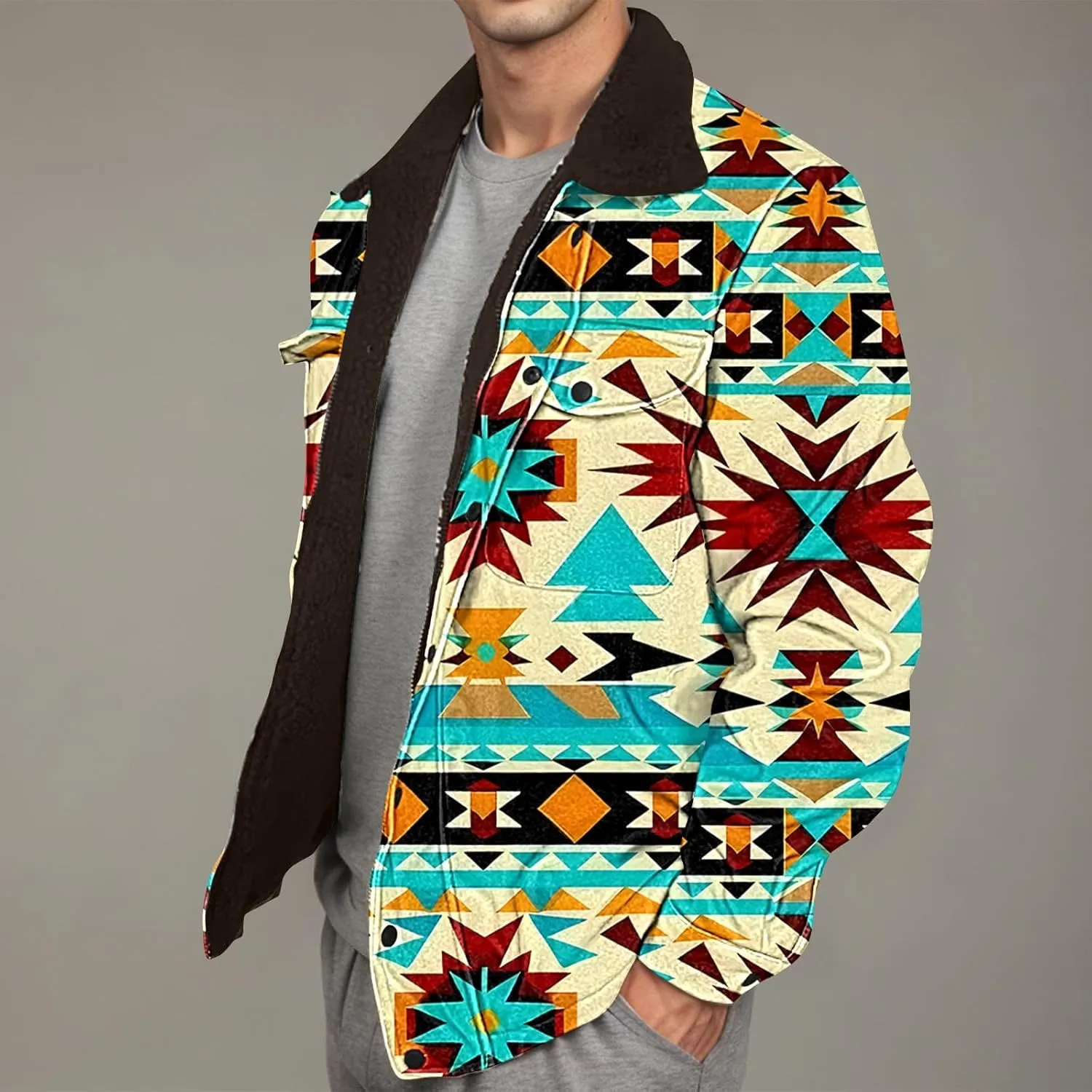 Men's Winter Coats Warm Fleece Lined Jacket Sherpa Turn-Down Collar Jacket Western Patterned Outdoor Thick Coats