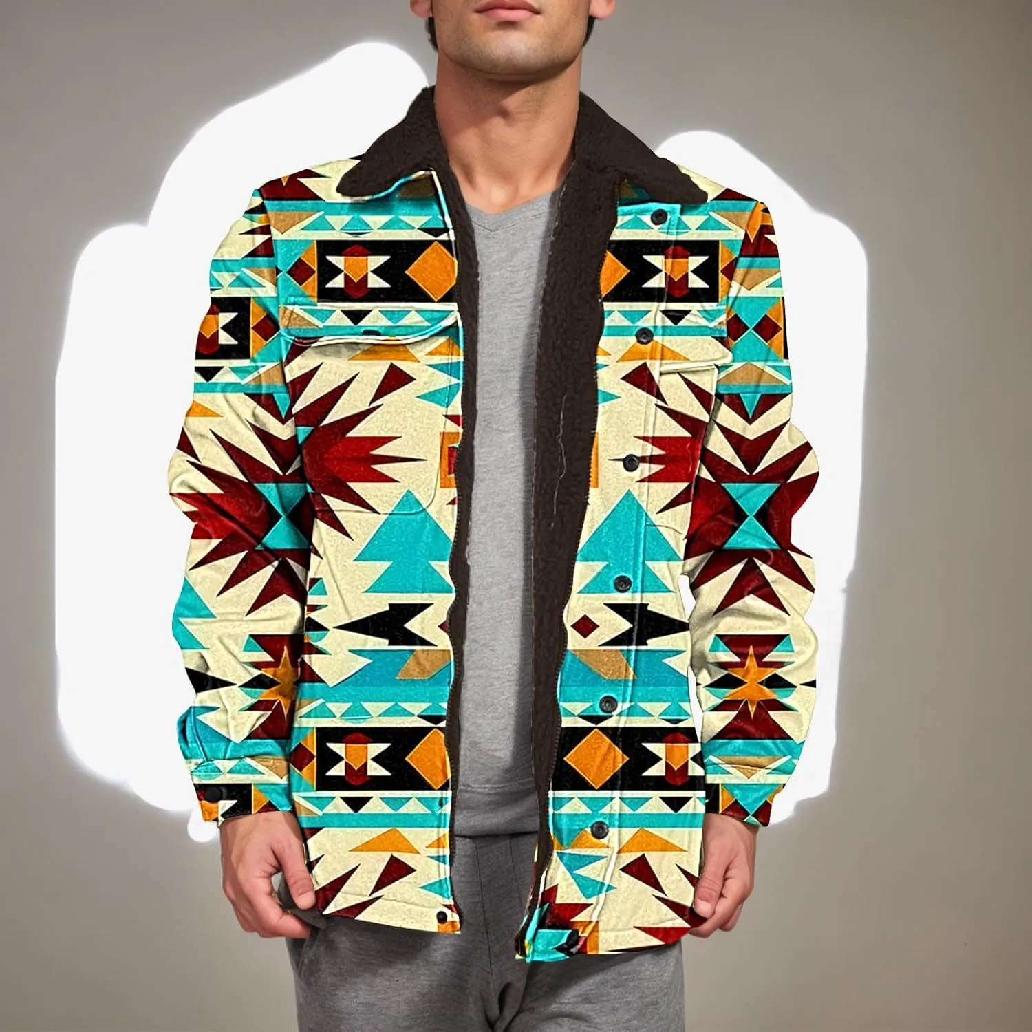 Men's Winter Coats Warm Fleece Lined Jacket Sherpa Turn-Down Collar Jacket Western Patterned Outdoor Thick Coats