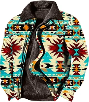 Men's Winter Coats Warm Fleece Lined Jacket Sherpa Turn-Down Collar Jacket Western Patterned Outdoor Thick Coats