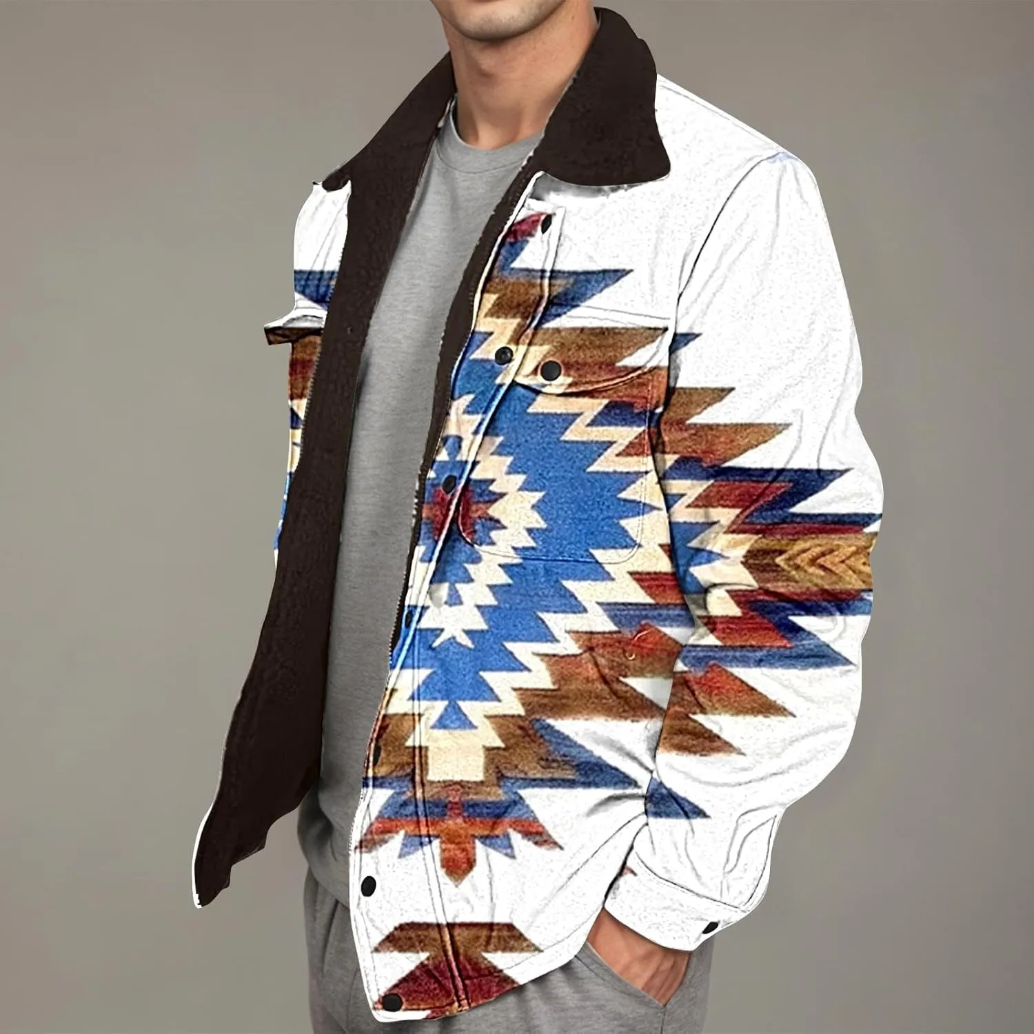 Men's Winter Coats Warm Fleece Lined Jacket Sherpa Turn-Down Collar Jacket Western Patterned Outdoor Thick Coats