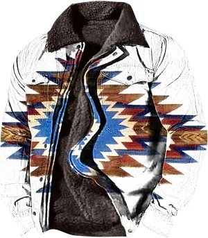 Men's Winter Coats Warm Fleece Lined Jacket Sherpa Turn-Down Collar Jacket Western Patterned Outdoor Thick Coats