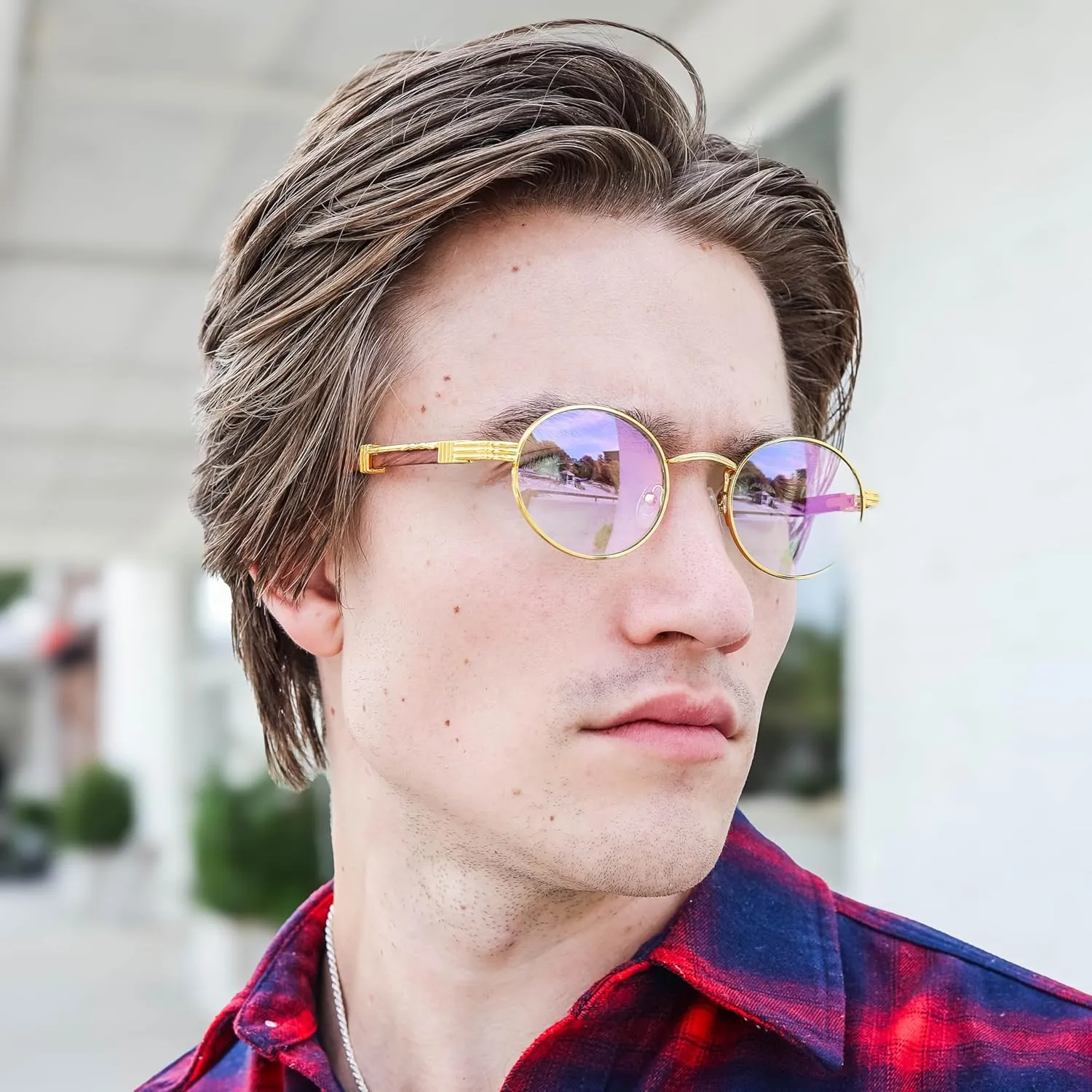 Men's Wood Blue Light Blocking Glasses, Real Wood, Round Polarized Sunglasses, Amber Nighttime Blue Light Blocker