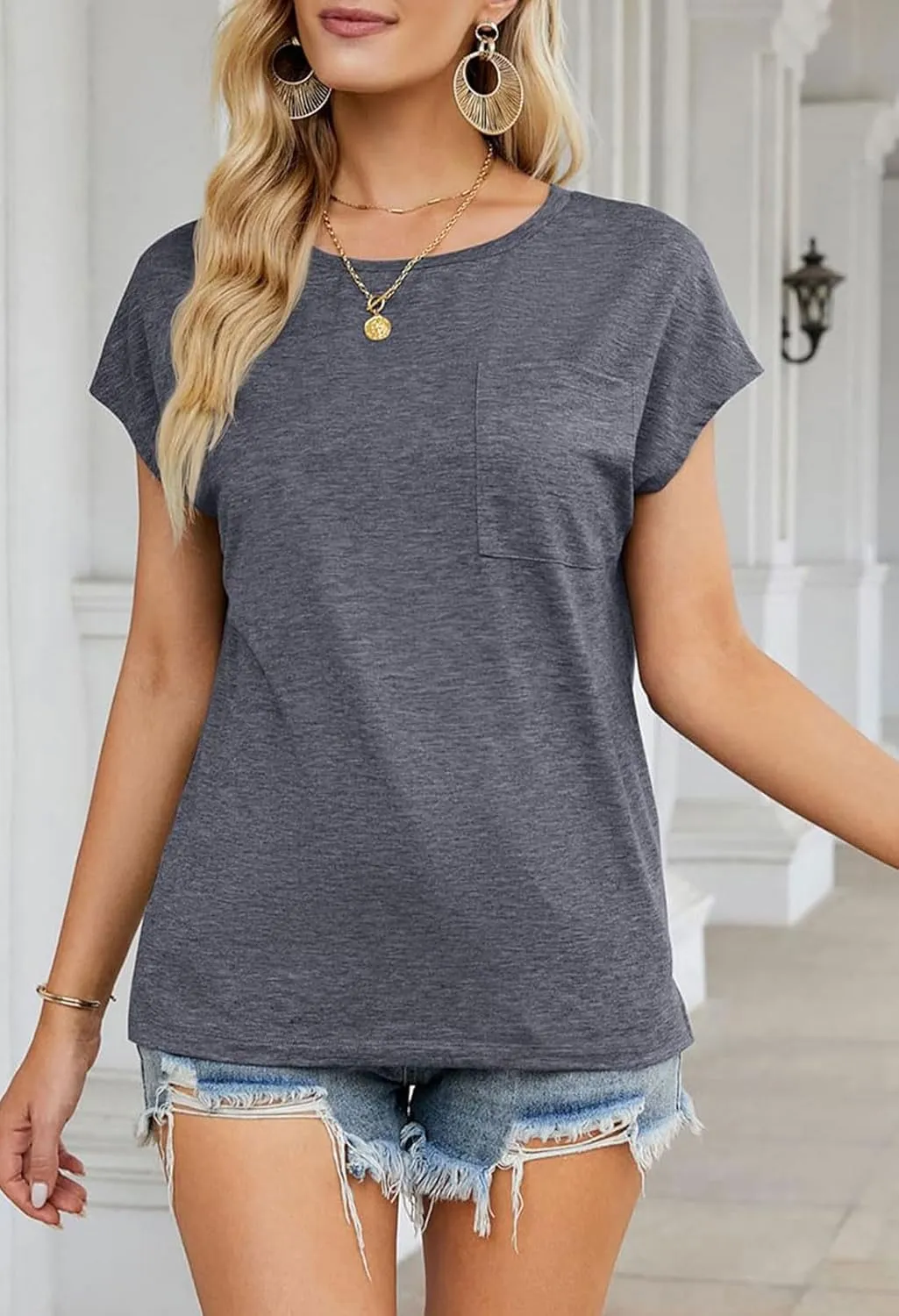 MEROKEETY Women's Casual Cap Sleeve T Shirts Basic Summer Tops Loose Solid Color Blouse