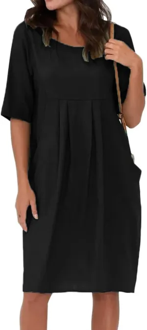 Midi Dresses for Women Summer Short Sleeve Crewneck Loose Fit Midi Dress Plus Size Ruffle Waist Sundress