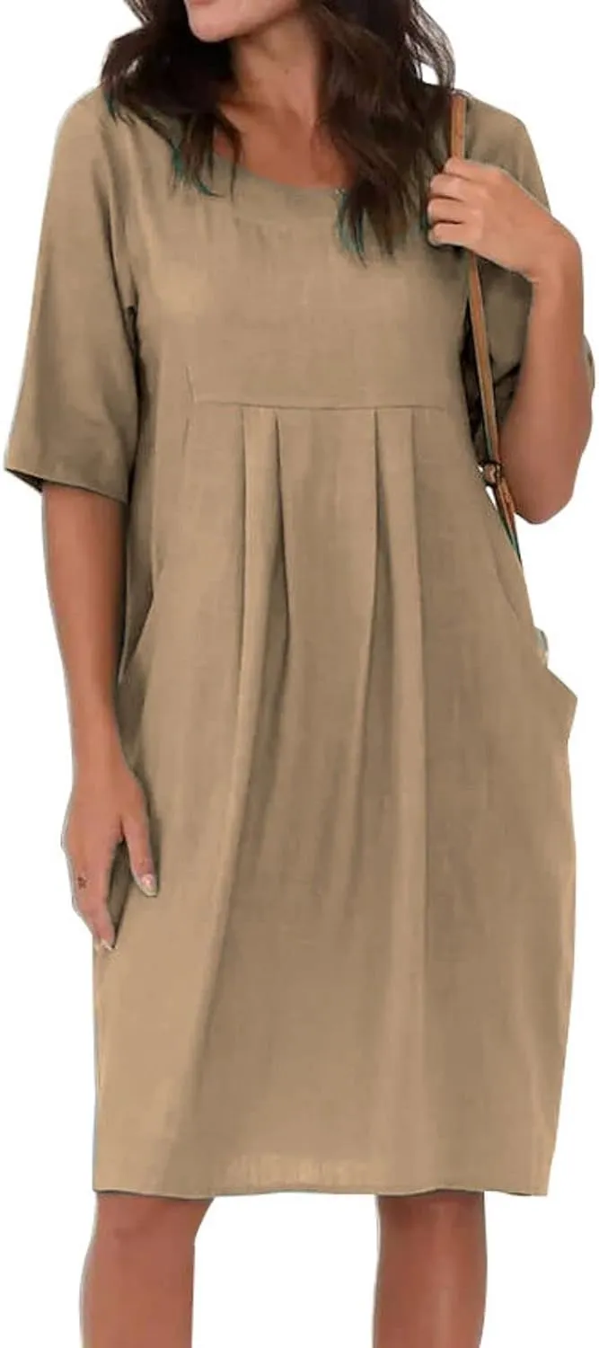 Midi Dresses for Women Summer Short Sleeve Crewneck Loose Fit Midi Dress Plus Size Ruffle Waist Sundress