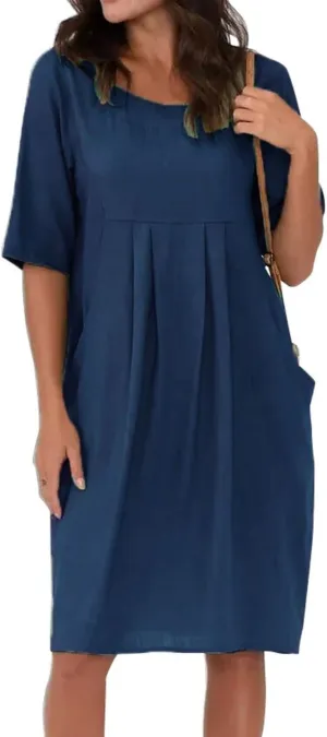 Midi Dresses for Women Summer Short Sleeve Crewneck Loose Fit Midi Dress Plus Size Ruffle Waist Sundress