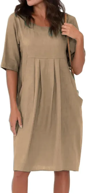 Midi Dresses for Women Summer Short Sleeve Crewneck Loose Fit Midi Dress Plus Size Ruffle Waist Sundress