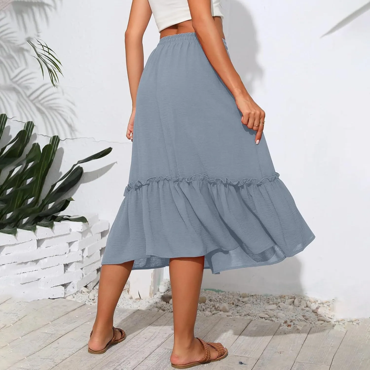 Midi Skirts for Women,2025 Summer Trendy Floral Print High Elastic Boho Skirts,Flowy Ruched Tiered Swing Beach Dress