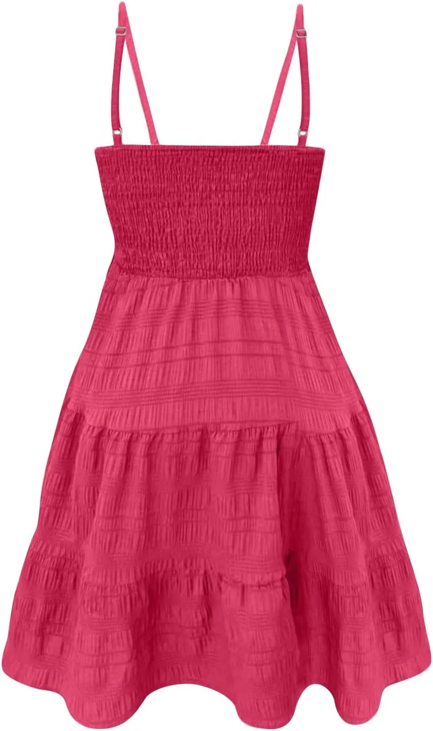 Mini Sundresses for Women Smocked Spaghetti Strap Skater Dress Summer Loose Ruffle Boho Cami Boho Dress