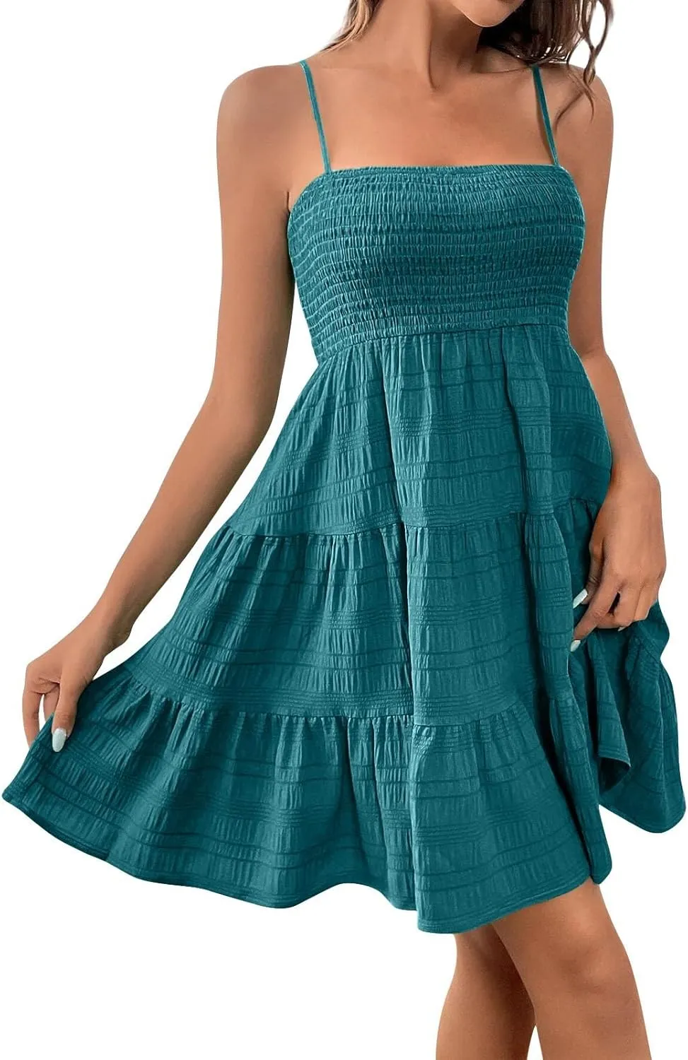 Mini Sundresses for Women Smocked Spaghetti Strap Skater Dress Summer Loose Ruffle Boho Cami Boho Dress