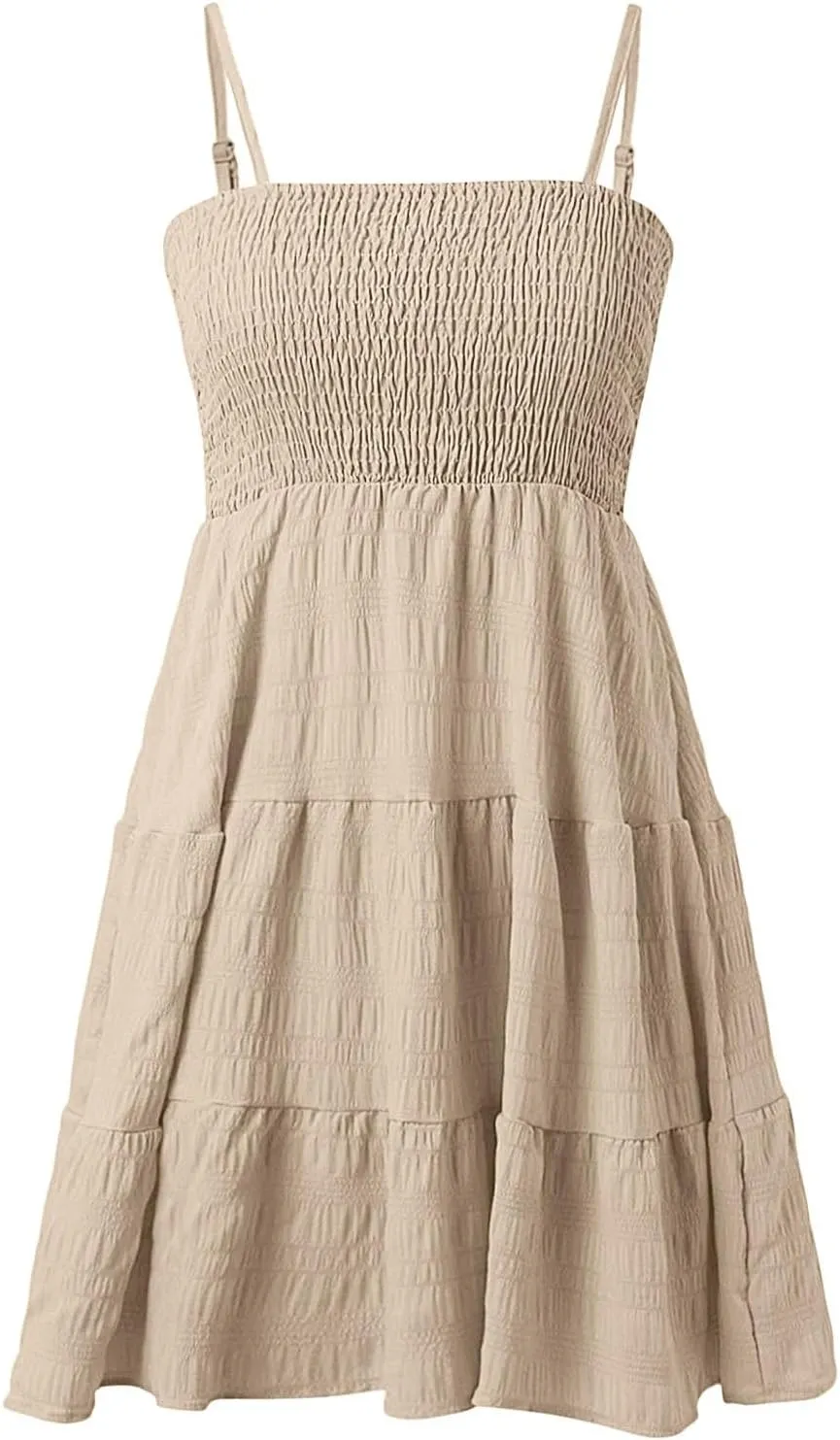 Mini Sundresses for Women Smocked Spaghetti Strap Skater Dress Summer Loose Ruffle Boho Cami Boho Dress