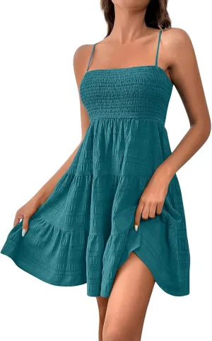 Mini Sundresses for Women Smocked Spaghetti Strap Skater Dress Summer Loose Ruffle Boho Cami Boho Dress