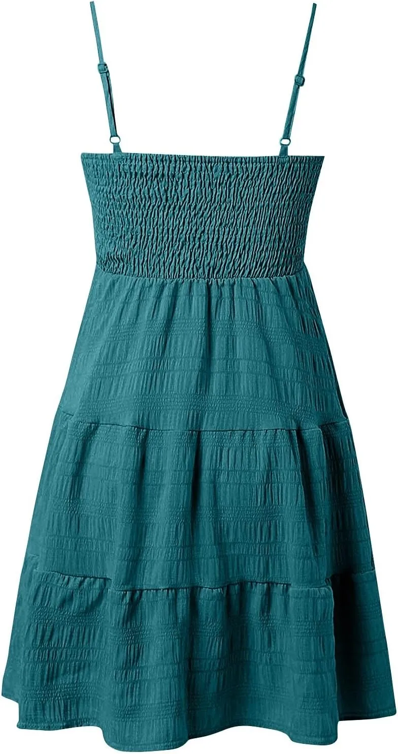 Mini Sundresses for Women Smocked Spaghetti Strap Skater Dress Summer Loose Ruffle Boho Cami Boho Dress
