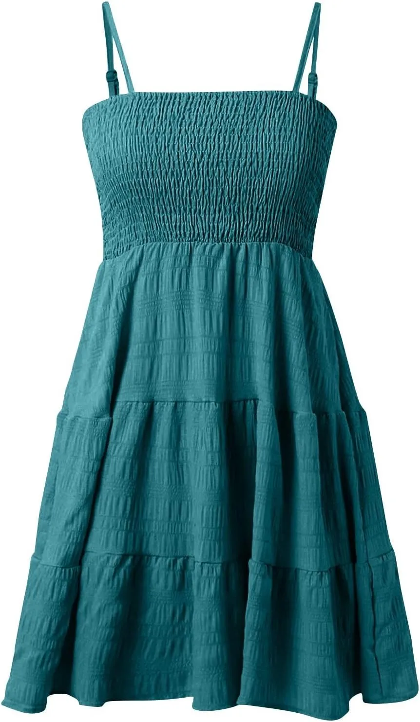 Mini Sundresses for Women Smocked Spaghetti Strap Skater Dress Summer Loose Ruffle Boho Cami Boho Dress