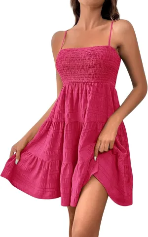 Mini Sundresses for Women Smocked Spaghetti Strap Skater Dress Summer Loose Ruffle Boho Cami Boho Dress