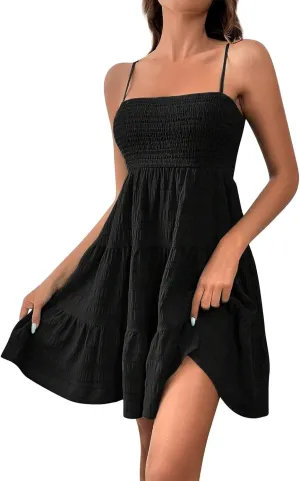 Mini Sundresses for Women Smocked Spaghetti Strap Skater Dress Summer Loose Ruffle Boho Cami Boho Dress