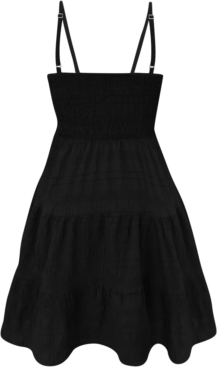 Mini Sundresses for Women Smocked Spaghetti Strap Skater Dress Summer Loose Ruffle Boho Cami Boho Dress