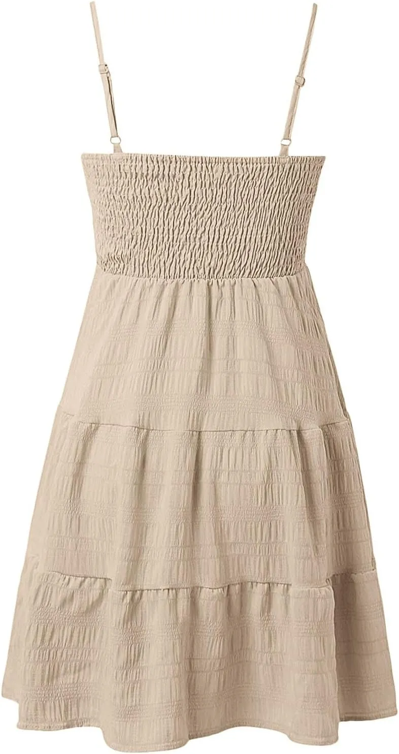 Mini Sundresses for Women Smocked Spaghetti Strap Skater Dress Summer Loose Ruffle Boho Cami Boho Dress