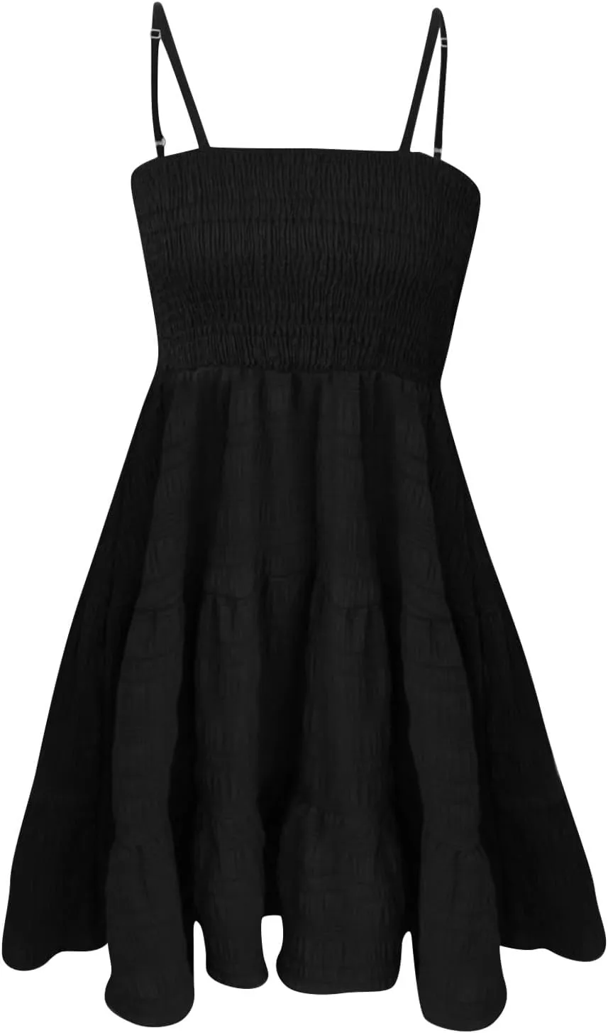 Mini Sundresses for Women Smocked Spaghetti Strap Skater Dress Summer Loose Ruffle Boho Cami Boho Dress