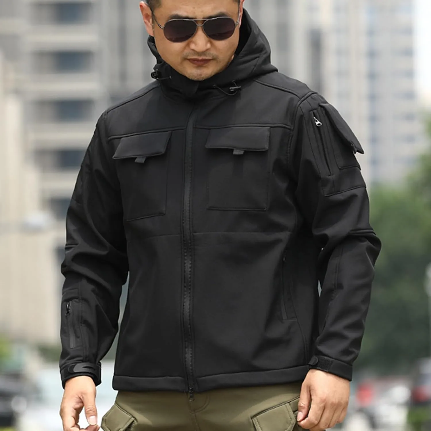 Outdoor Military Jackets for Men Long Sleeve Zip Up Hoodies Rain Jacket Men Cargo Jacket with Multi Utility Pockets