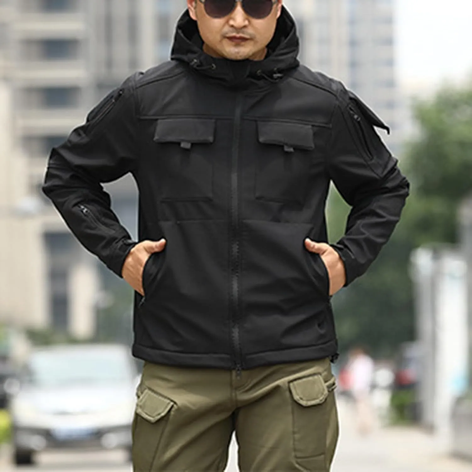 Outdoor Military Jackets for Men Long Sleeve Zip Up Hoodies Rain Jacket Men Cargo Jacket with Multi Utility Pockets