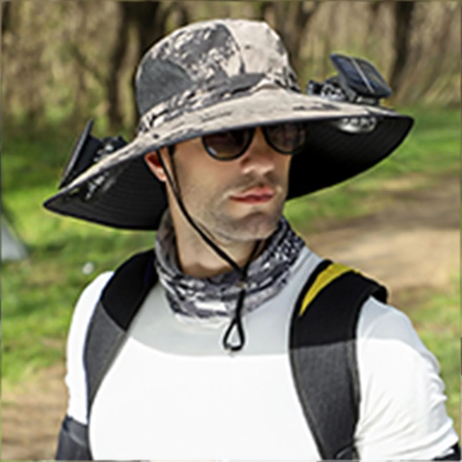 Outdoor Wide Brim Sun Hat with 2 Solar Universal Fan Sun Bucket Hat UPF 50  Bucket Fishing Beach Hat Fan Built in