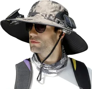 Outdoor Wide Brim Sun Hat with 2 Solar Universal Fan Sun Bucket Hat UPF 50  Bucket Fishing Beach Hat Fan Built in