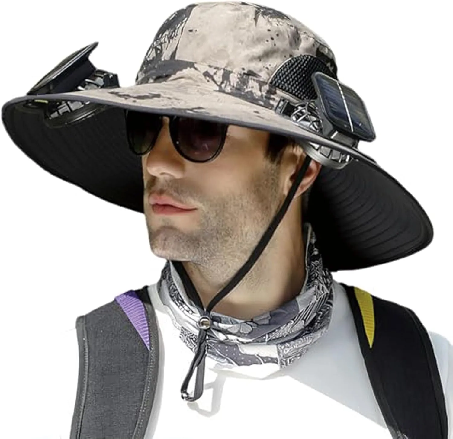 Outdoor Wide Brim Sun Hat with 2 Solar Universal Fan Sun Bucket Hat UPF 50  Bucket Fishing Beach Hat Fan Built in
