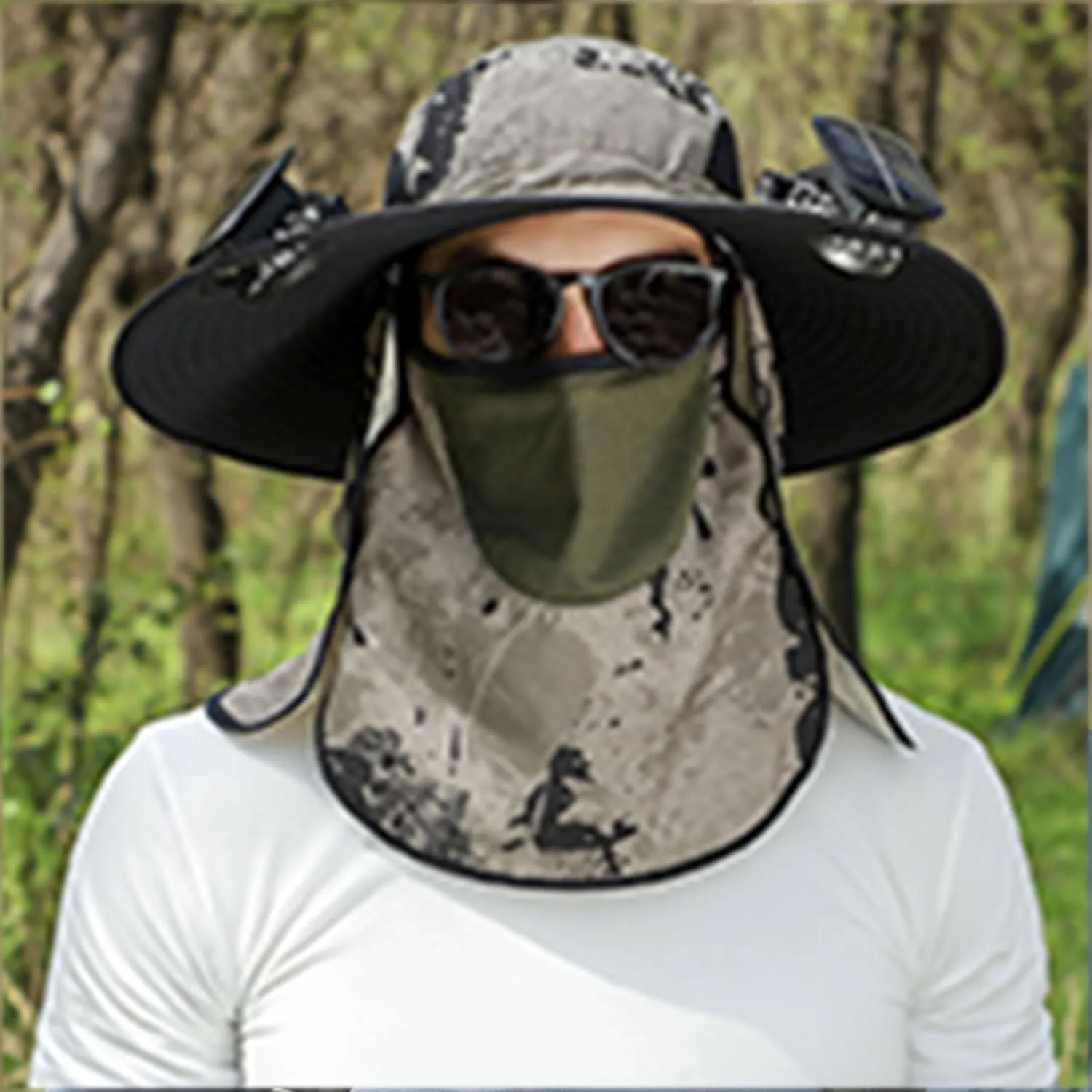 Outdoor Wide Brim Sun Hat with 2 Solar Universal Fan Sun Bucket Hat UPF 50  Bucket Fishing Beach Hat Fan Built in