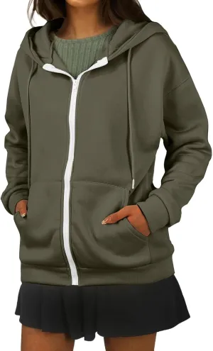 Oversized Hoodies for Women Zip Up Lightweight Long Sleeve Jackets Drawstring Y2K Sweatshirt Kangaroo Pocket