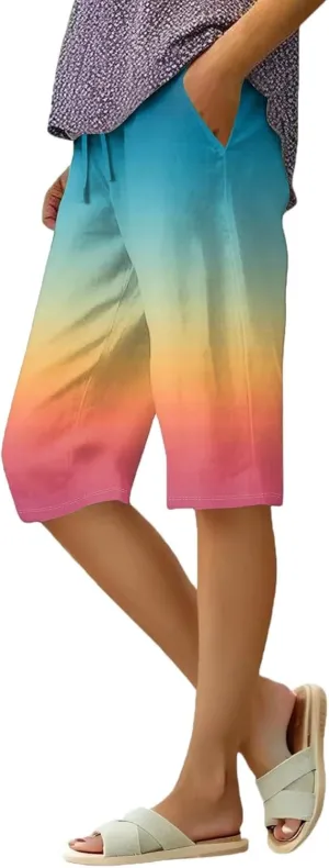 Pants for Women Drawstring Elastic Linen Knee Length Crop Pants Summer High Rise Tie-Dye Fashion Bermuda Shorts Pocket
