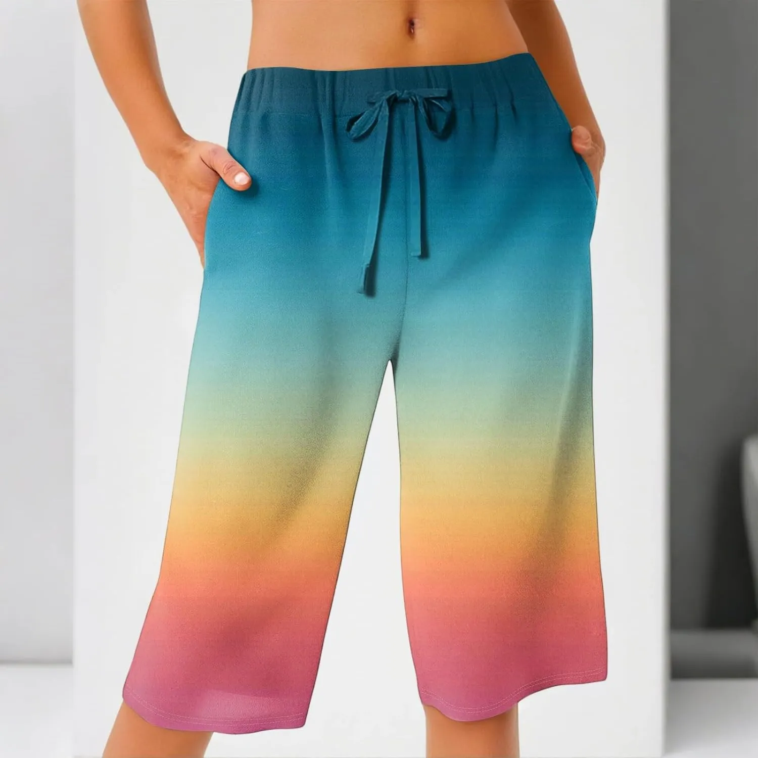 Pants for Women Drawstring Elastic Linen Knee Length Crop Pants Summer High Rise Tie-Dye Fashion Bermuda Shorts Pocket