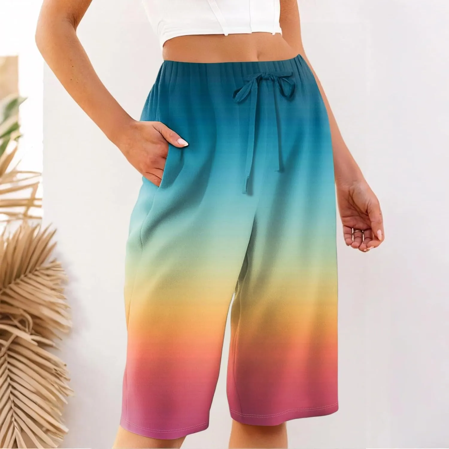 Pants for Women Drawstring Elastic Linen Knee Length Crop Pants Summer High Rise Tie-Dye Fashion Bermuda Shorts Pocket
