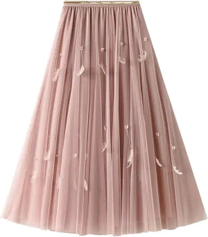 Pleated Midi Skirts for Women 2025 Summer Elastic Waisted Solid Color Swing A-Line Tulle Long Skirt