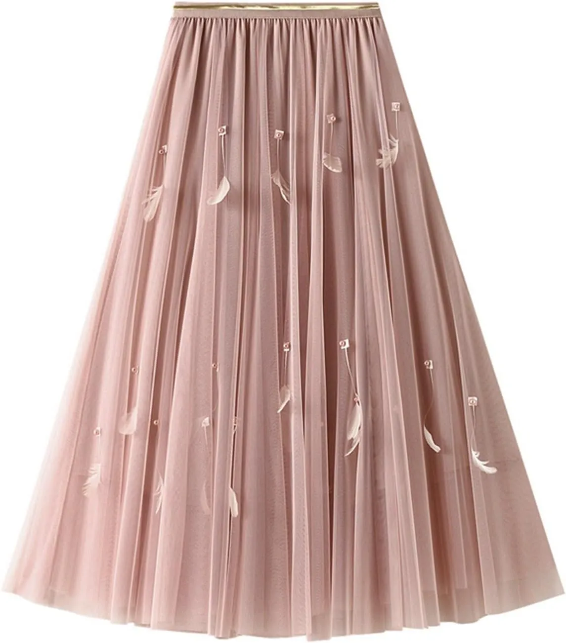 Pleated Midi Skirts for Women 2025 Summer Elastic Waisted Solid Color Swing A-Line Tulle Long Skirt