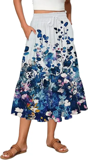 Plus Size Pleated Skirt for Women High Waist Flowy A-Line Maxi Skirt Summer